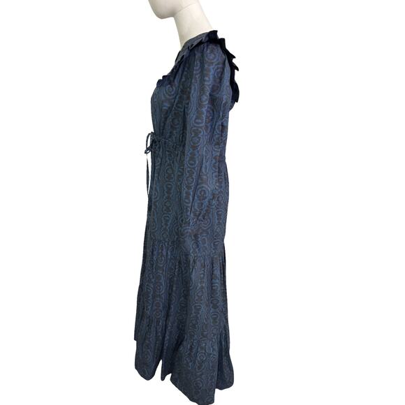 Cefinn Blue Ikat Ruffle Maxi Shirt Dress Belted Long Sleeve US 8 - Picture 6 of 9